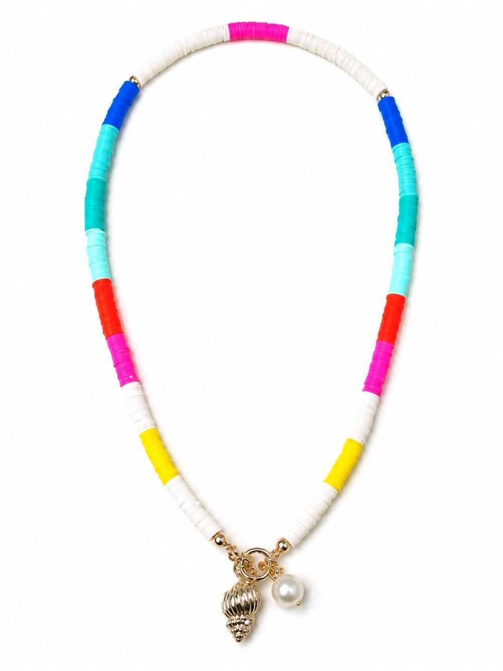 Rainbow Rubber Disc Bead Necklace Gold Shell Pearl Charm Summer Beach Boho